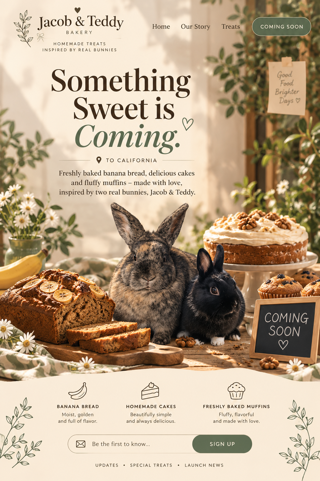 Jacob and Teddy Bakery coming soon: two real-inspired rabbits, the larger brown rabbit and smaller black rabbit, alongside banana bread, cake and muffins.